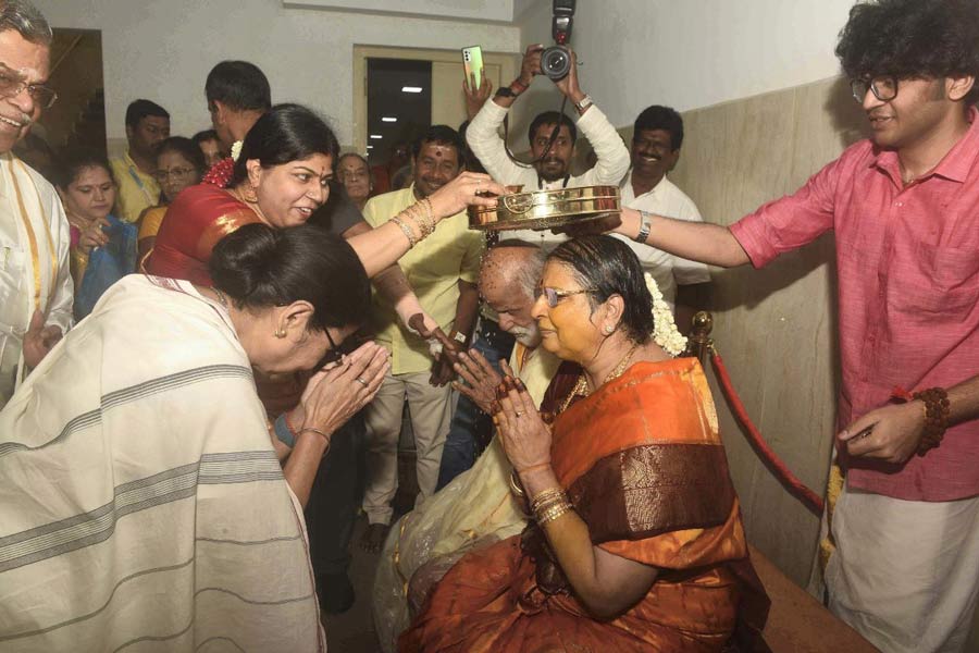 Chief minister Mamata Banerjee at West Bengal Governor La Ganesan’s family function in Chennai on Thursday. Banerjee, besides top actor Rajinikanth among others, attended the 80th birthday celebrations of Ganesan's brother. The chief minister, who flew down from Kolkata on Wednesday, was seen enjoying the 'Chenda melam' (a traditional percussion instrument) performance outside the venue