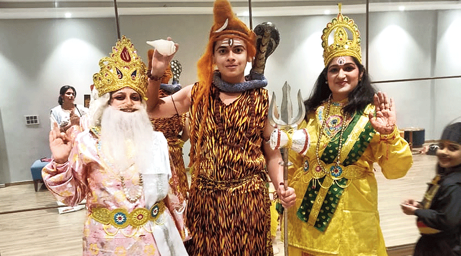 Actors dressed as deities for the Samudra Manthan play.
