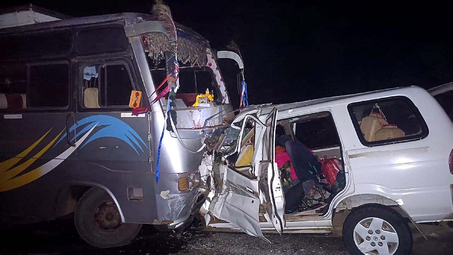 Wreckage of a bus and a sports utility vehicle (SUV) following a collision, in Betul district, Thursday night, November 3, 2022.