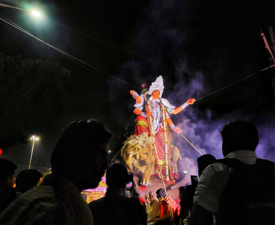 A Jagaddhatri idol being immersed on Friday. This year, the five-day festival began on October 30 and ended on November 3.