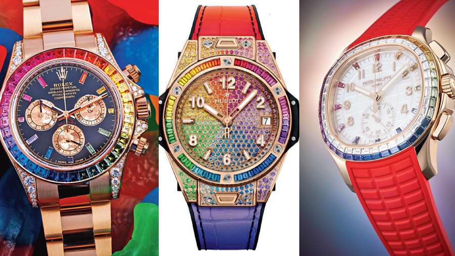 (L-R) The Rolex Daytona Cosmograph with multicoloured sapphires was the bling watch that stars like John Mayer and Michael Jordan brought into the clutch of regular wear; if the Daytona looked bling half a decade ago, then Hublot took the OTT game to the other end of the scale; Patek Philippe has recently jumped onto the bandwagon, but in a comparatively understated way, if you leave out the bright red strap that is