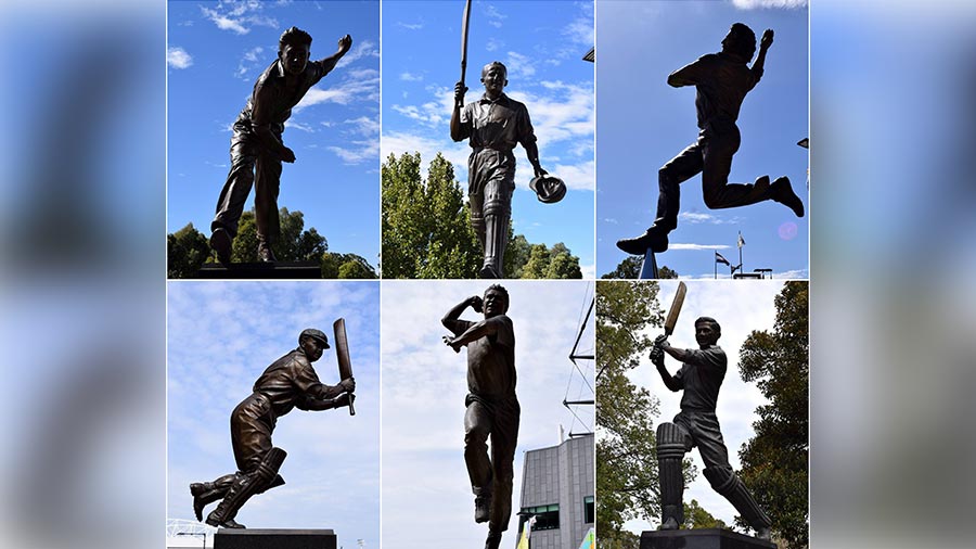 The collection of statues at Melbourne Cricket Ground, Sunday’s match venue. (Clockwise from top left) Keith Miller, Don Bradman, Dennis Lillee, Neil Harvey, Shane Warne, Bill Ponsford