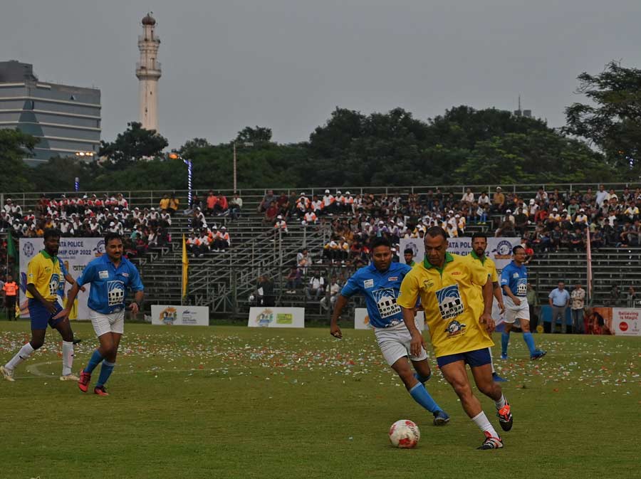 Brazilian footballer Cafu in action at the Kolkata Police Friendship Cup match at Mohammedan Sporting Grounds on Saturday. The match was organised as part of the 125th birth anniversary celebration of Netaji Subhas Chandra Bose