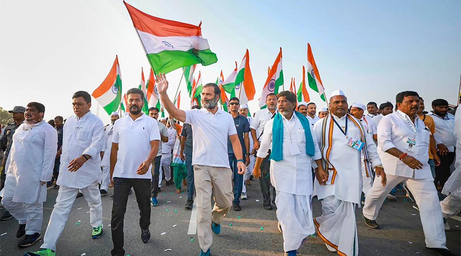 Congress leader Rahul Gandhi during 'Bharat Jodo Yatra' in Kamareddy.