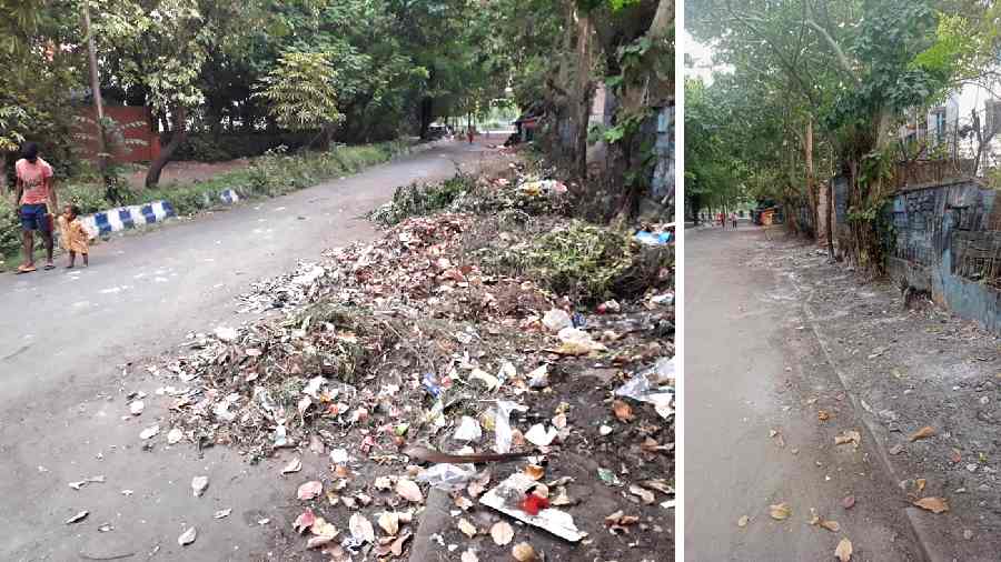 Garbage dumped on a stretch opposite Calcutta University’s Salt Lake campus, near KB-KC Block, last week; (right) the cleaned-up street on Tuesday