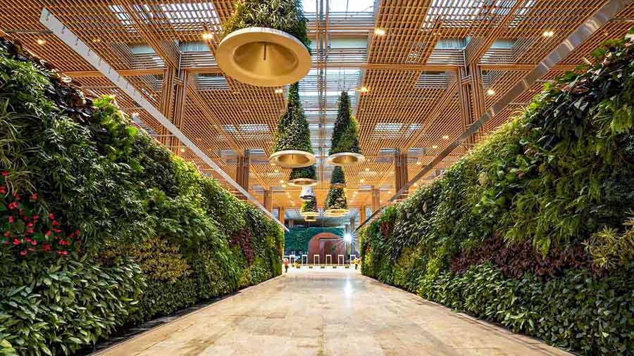 The terminal have lush greenery within and outside and the passengers' experience is designed to be a walk in the garden  while traveling through the new terminal. 
