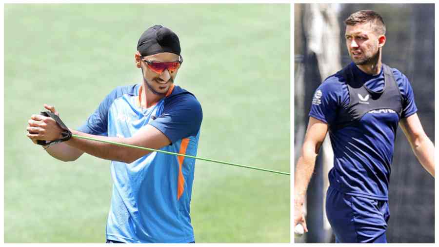 Arshdeep Singh and (right) Mark Wood during team practice in Adelaide on Wednesday. There are injury concerns over Wood for Thursday’s game.