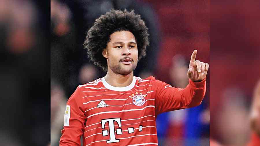Bayern Munich’s Serge Gnabry celebrates after scoring their fourth and his second goal against Werder Bremen in Munich on Tuesday.