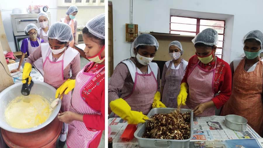 The girls use an electric beater to blend a kg of butter and castor sugar with eggs. They then bring out the fruit and nuts which they’ve kept soaked in brandy