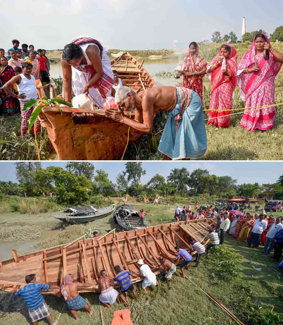 A priest offers prayers (above) as men haul a ‘chhot’ boat, that was rebuilt on the banks of the Rupnarayan in Howrah, during its inauguration. The once lost sea-faring wooden boat of Bengal was recreated using century-old technology by veteran boat-maker Panchanan Mondal and his team of artisans in an initiative by anthropologist Swarup Bhattacharyya, funded by British Museum’s Endangered Material Knowledge Programme