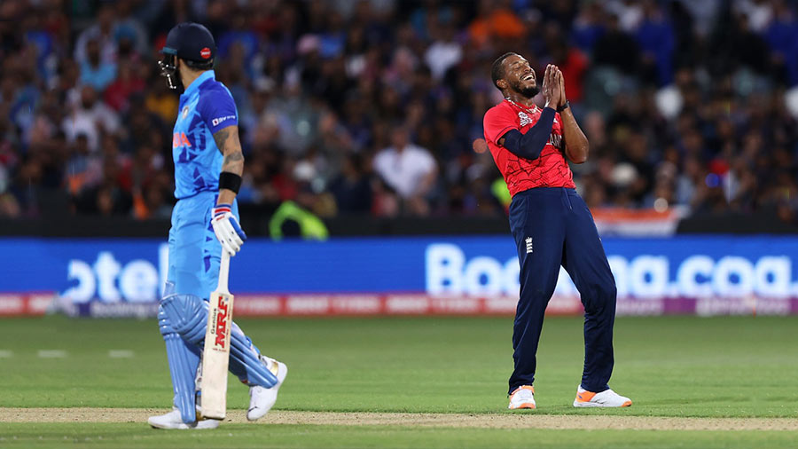 Chris Jordan celebrates after dismissing Virat Kohli. India made 38 in the power play, managing four fours and a six. England made 63 in six overs with seven fours and three sixes