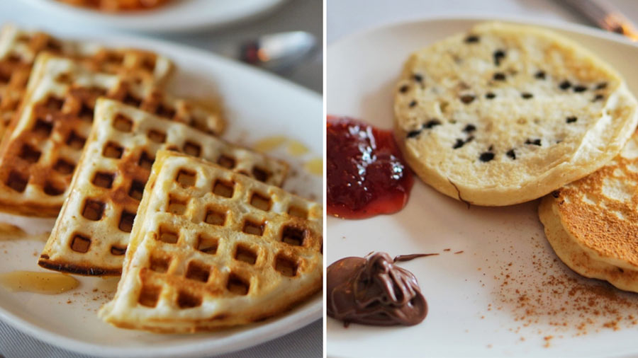 (L) Waffles with honey and a dusting of cinnamon spice, and (R) pancakes with strawberry jam, Nutella and peanut butter   