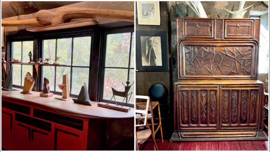 (Left) Inside Wharton Esherick’s studio. (Right) Drop Leaf Desk (it looks like a cupboard but it can be opened up) features representational surface decoration, or “literature”, that links Esherick directly to the arts and crafts movement although it was the last piece of furniture he made in that style