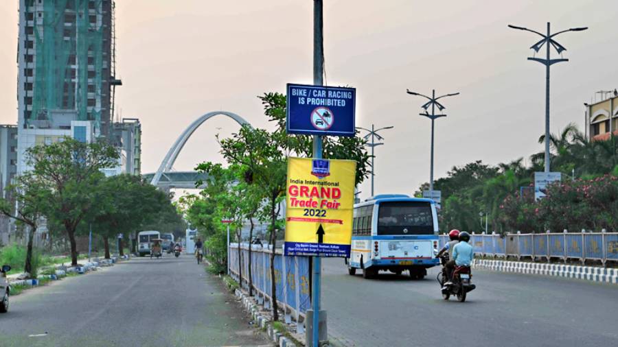 A ‘no racing’ signboard on Major Arterial Road in New Town on Wednesday. 