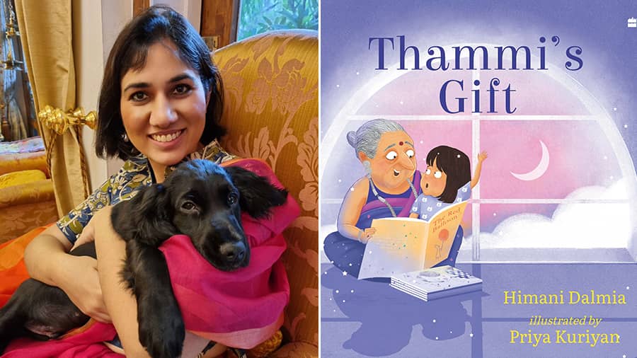 Himani Dalmia and the book cover of 'Thammi’s Gift'