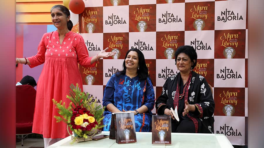 (L-R) Storyteller Bookstore owner Mayura Misra, author Nita Bajoria and anchor and moderator Oindrilla Dutt at the event