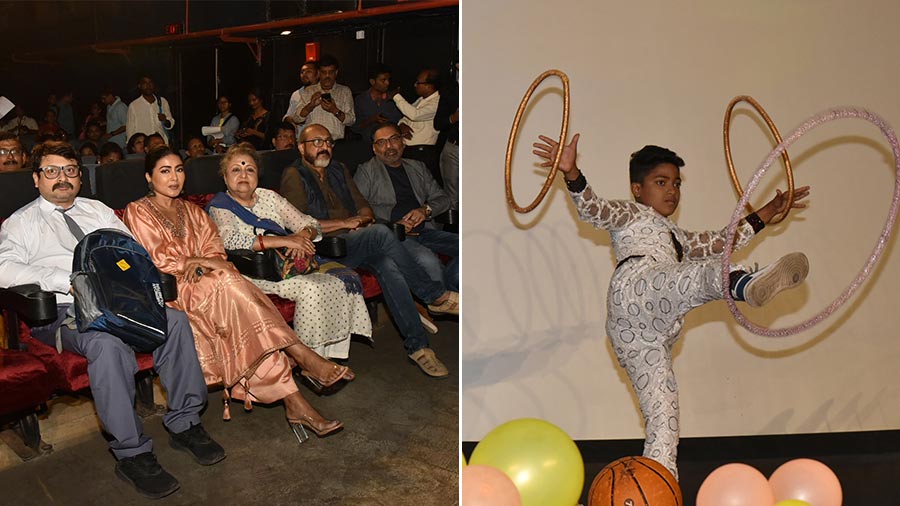 A young juggler (right) performs at the grand trailer launch of movie ‘Haami 2’ on November 14 at Priya Cinema. The event was attended by the film’s cast and crew. Seen in the picture (left) are actor-director Shiboprosad Mukherjee, actress Gargi Roychowdhury and director Nandita Roy