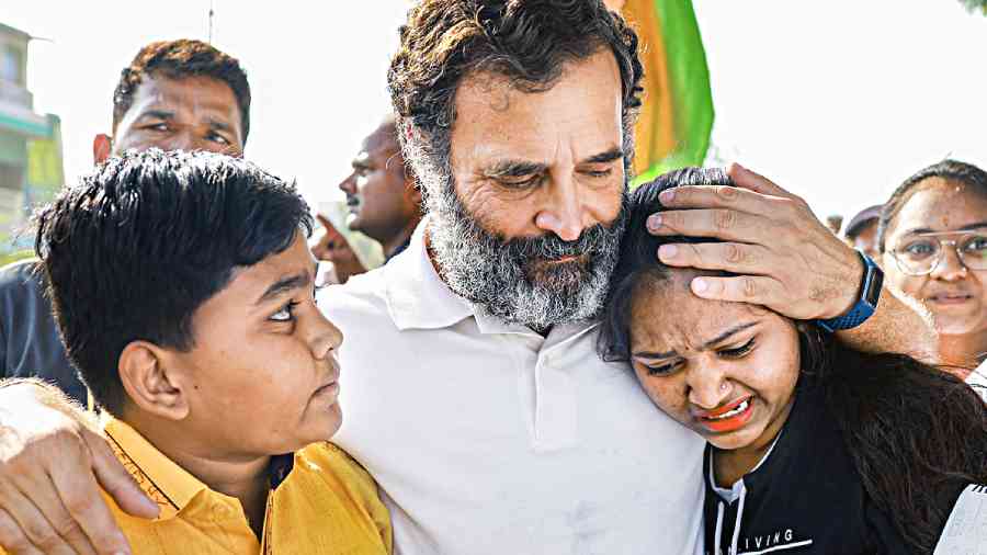 Rahul Gandhi with supporters during the Bharat Jodo Yatra in Maharashtra’s Hingoli district on Monday.