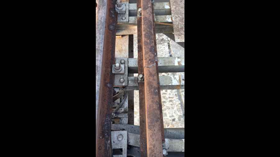 Damaged railway track after an explosion, in Udaipur