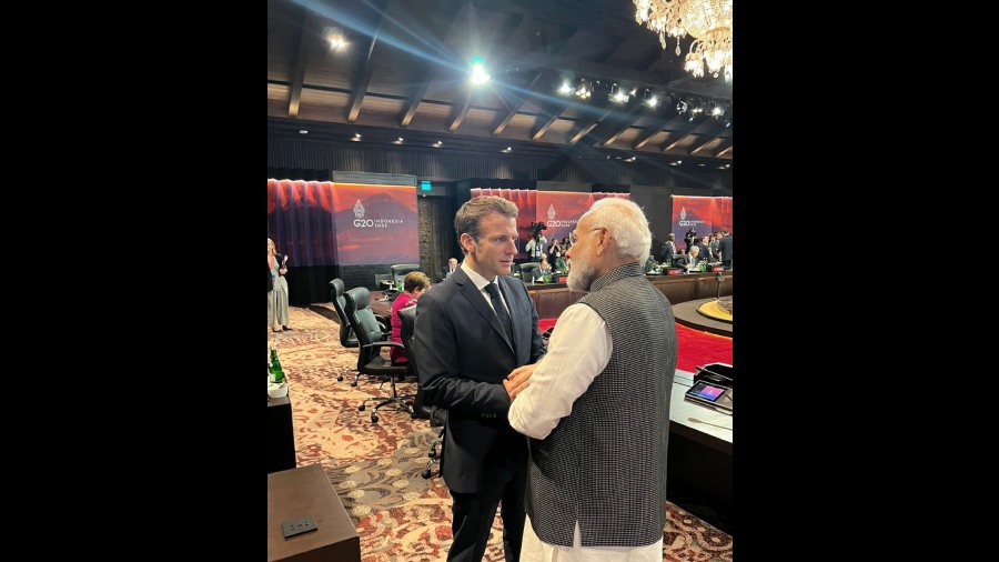 Prime Minister having discussions with French President Emmanuel Macron during the G20 Summit. 