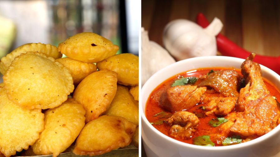 Dhuska barras and (right) Dehati chicken are two popular traditional dishes in Jharkhand
