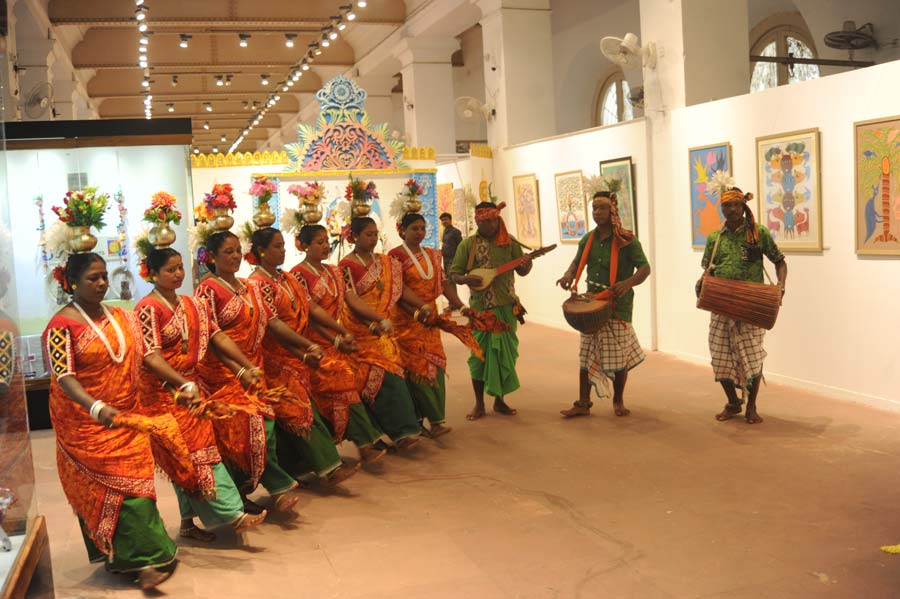 Members of the tribal community perform at Tribes India: The Art and Soul of India Aadi Chitra, an event organised by the Ministry of Tribal Affairs at Indian Museum, Kolkata