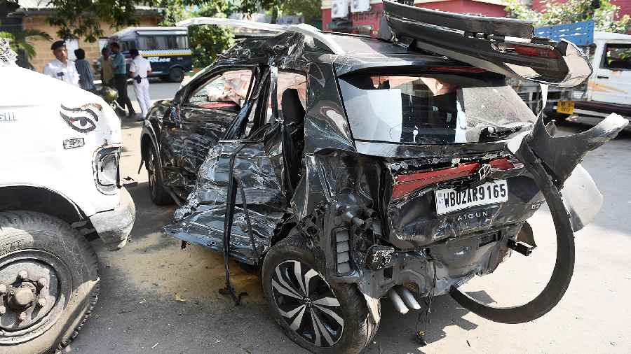 The mangled remains of the car that was involved in a crash at the Syed Amir Ali Avenue-Gurusaday Dutt Road crossing early on Monday, resulting in the death of a college student