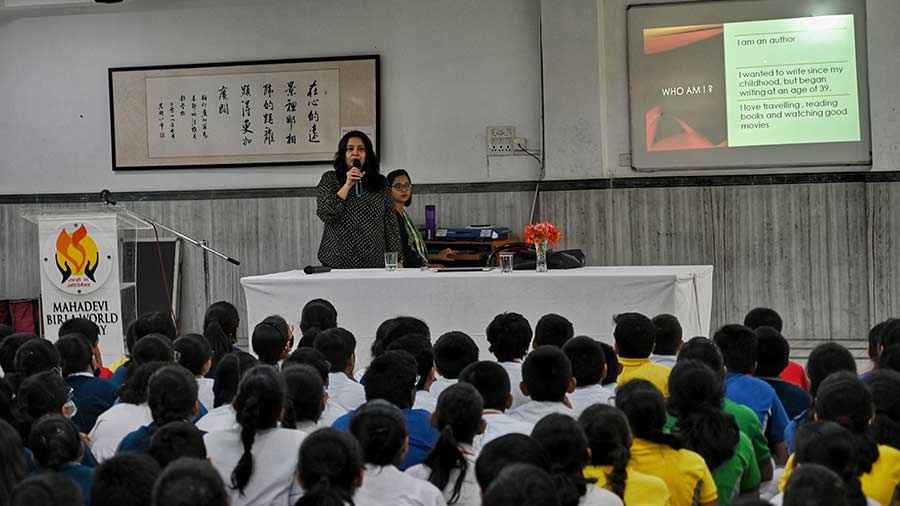 Author Nita Bajoria interacts with the students at the literary meet