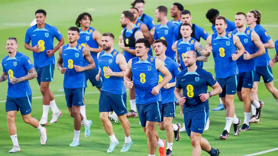 England players train at Al Wakrah SC stadium in Al Wakrah, Qatar, on Wednesday.