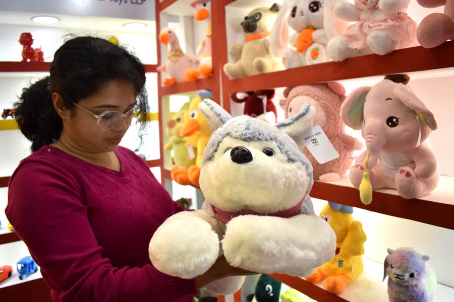 A woman checks out toys at the Kolkata Toy Exhibition. The event was inaugurated by Moloy Ghotok, minister, Department of Law, at Netaji Indoor Stadium on Thursday. The toys at the exhibition are only on display and not for sale