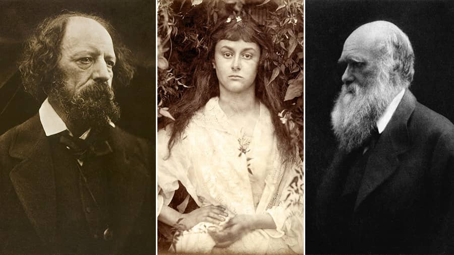 Portraits of (left) Lord Alfred Tennyson, (centre) Alice Liddell and (right) Charles Darwin taken by Julia Margaret Cameron