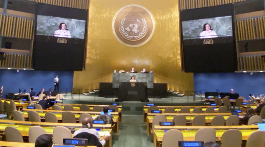 India’s Permanent Representative to the UN Ambassador Ruchira Kamboj addresses the UN General Assembly plenary meeting on behalf of G4 nations, at the United Nations. 