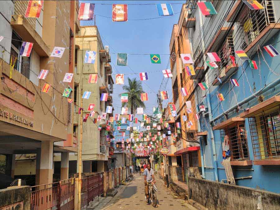 The Ganguly Bagan area of Kolkata is all set for the FIFA World Cup 2022 with flags of the participating countries fluttering on the streets.