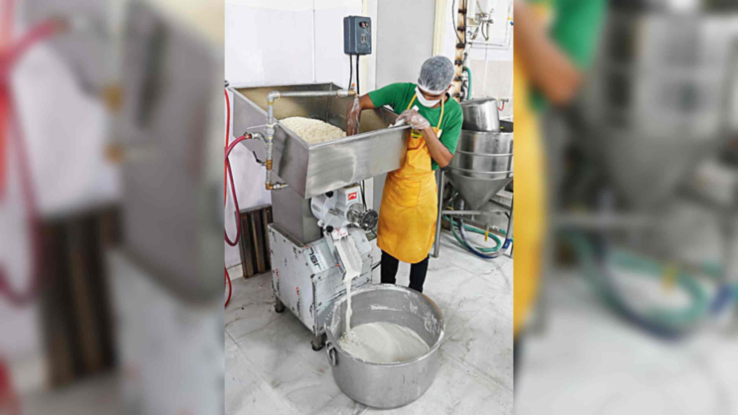 Soaked rice is grinded twice in the machines to make a smooth batter