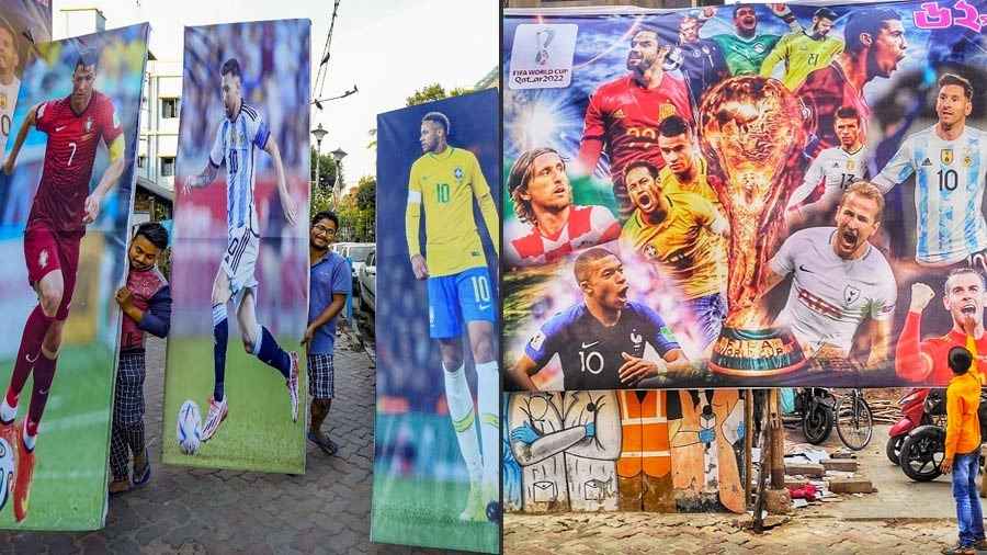 People carry hoardings of football legends Cristiano Ronaldo, Lionel Messi and Neymar Jr and a huge billboard in the Bhawanipore area displays the match schedule for the FIFA World Cup 2022 which starts from November 20. The opening ceremony will take place at 7.30 IST on Sunday, before the opening Group A match between hosts Qatar and Ecuador. The opening ceremony will be held at the 60,000-capacity Al Bayt Stadium, 40 km north of Doha. The opening ceremony will be telecast live on Sports18 and Sports18 HD TV channels in India while live streaming will be available on the Jio Cinema app and website for free