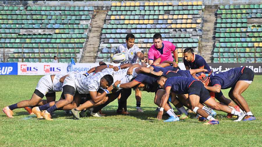 The India-Nepal rugby match at Rabindra Sarovar Stadium on Saturday afternoon. 
