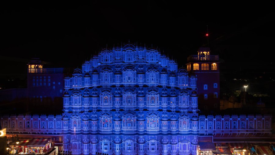 Hawa Mahal in Rajasthan looks beautiful in blue light. 