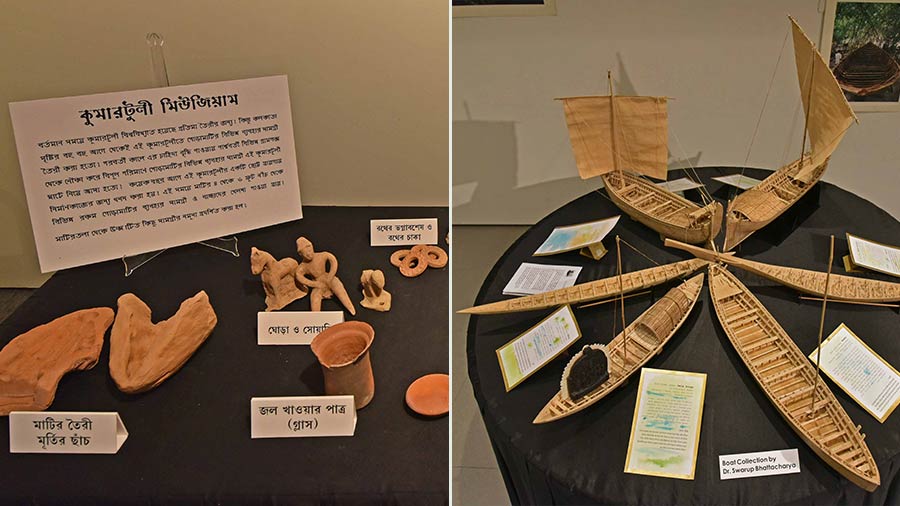 (Right) Artefacts contributed by Kumartuli Muserum and (left) Swarup Bhattacharyya’s miniature boats and
