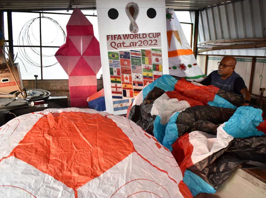 A football-themed ‘phanush’ made by P.K. Mullick in north Kolkata to mark the beginning of FIFA World Cup 2022 from November 20