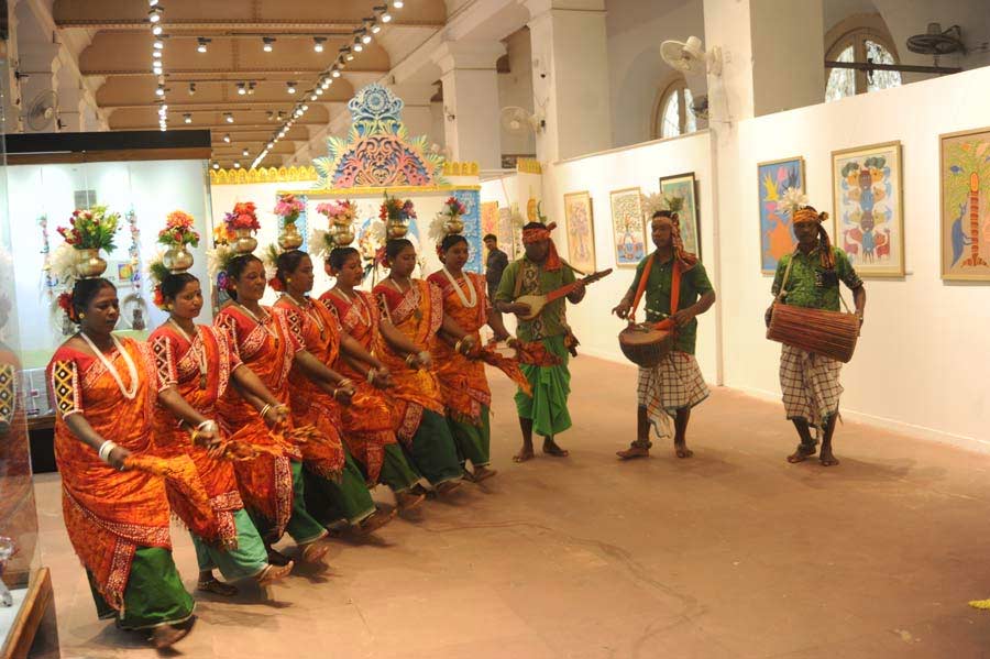 Members of the tribal community perform at Tribes India: The Art and Soul of India Aadi Chitra, an event organised by the Ministry of Tribal Affairs at Indian Museum, Kolkata, on November 15, Tuesday