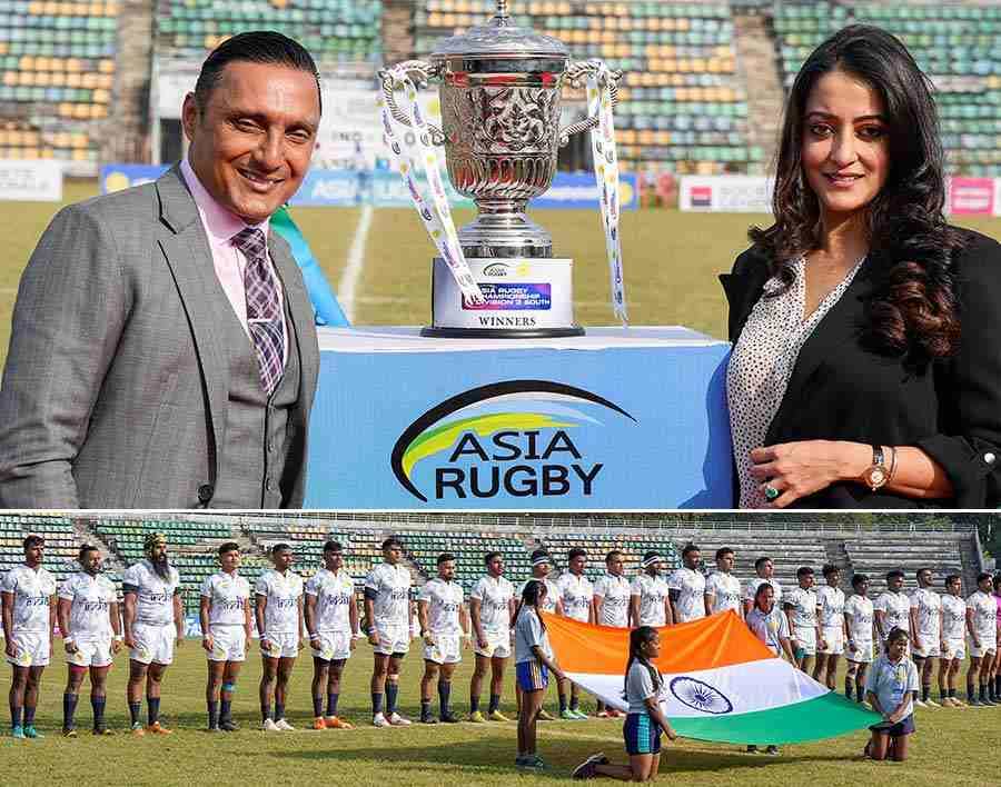 (Top) Rugby India president Rahul Bose and actress Raima Sen pose with the champion's trophy during the opening ceremony of Asia Rugby Championship Division 3 South 2022 in Kolkata on November 19. (Bottom) Indian rugby team players stand for the National Anthem before their match against Nepal in Kolkata on November 19