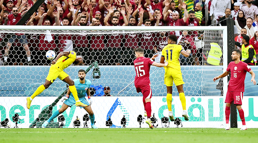 Enner Valencia (left) of Ecuador heads to score his side’s second goal during the World Cup Group A match against Qatar at the Al Bayt Stadium on Sunday.