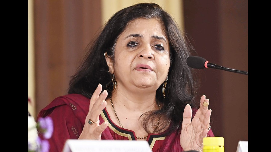 Teesta Setalvad talks at the panel discussion titled “Indian Constitution and Democracy” in Calcutta on Saturday. 