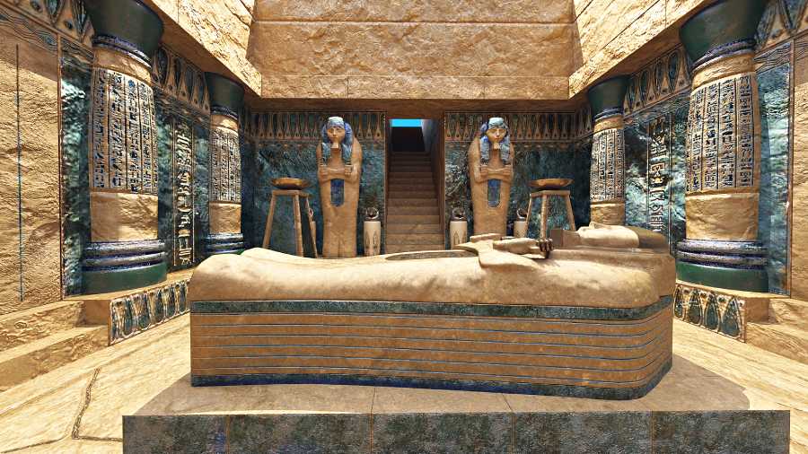 A 3D illustration of Tutankhamen’s tomb in the pyramid