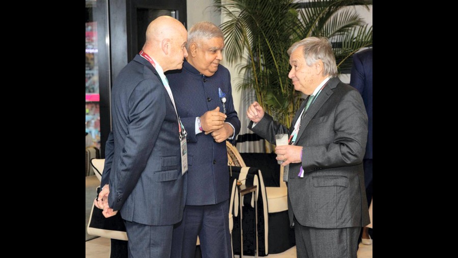 Vice President Jagdeep Dhankhar in a conversation with the UN Secretary-General Antonio Guterres and FIFA President Gianni Infantino on the sidelines of FIFA World Cup 2022 inaugural ceremony in Qatar, Sunday, November 20, 2022.