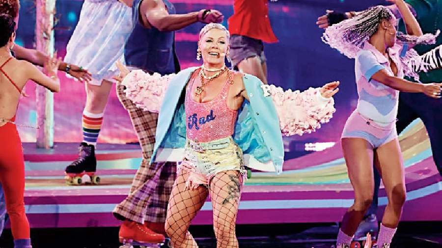 Pink performed Never Gonna Not Dance Again to kick off the show at the Microsoft Theatre in Los Angeles as only she could
