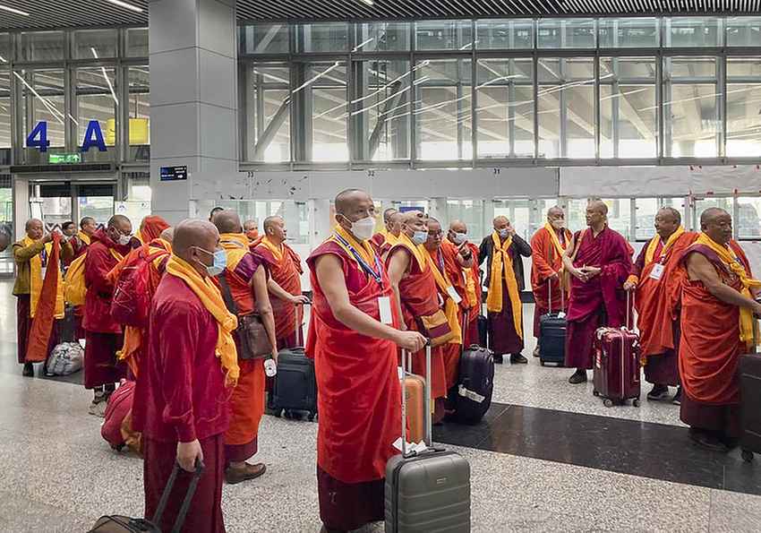 A delegation of leading Buddhist monks from Bhutan upon arrival in Kolkata, Tuesday, November 22,  en route for a trip to holy Buddhist sites in the country