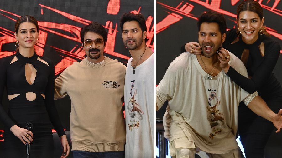 Bollywood actors Varun Dhawan and Kriti Sanon pose during the promotion of their upcoming flick 'Bhediya' at ITC Royal Bengal, Kolkata, on Tuesday. Actor Prosenjit Chatterjee was also present at the event. The film will release on November 25, Friday