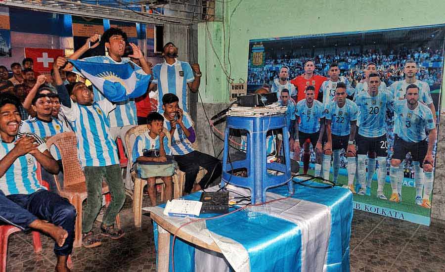 Argentina fans celebrate the team’s first goal against Saudi Arabia on Tuesday. Saudi Arabia scored a 2-1 win over Argentina. Salem Al Dawsari’s stunner sealed an extraordinary Saudi Arabia comeback win against Lionel Messi’s Argentina in a breathless clash that ranks among the greatest upsets in World Cup history