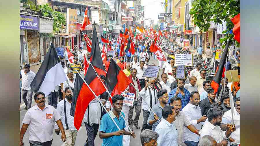 Social and political activists stage a protest against EWS reservations in Puducherry